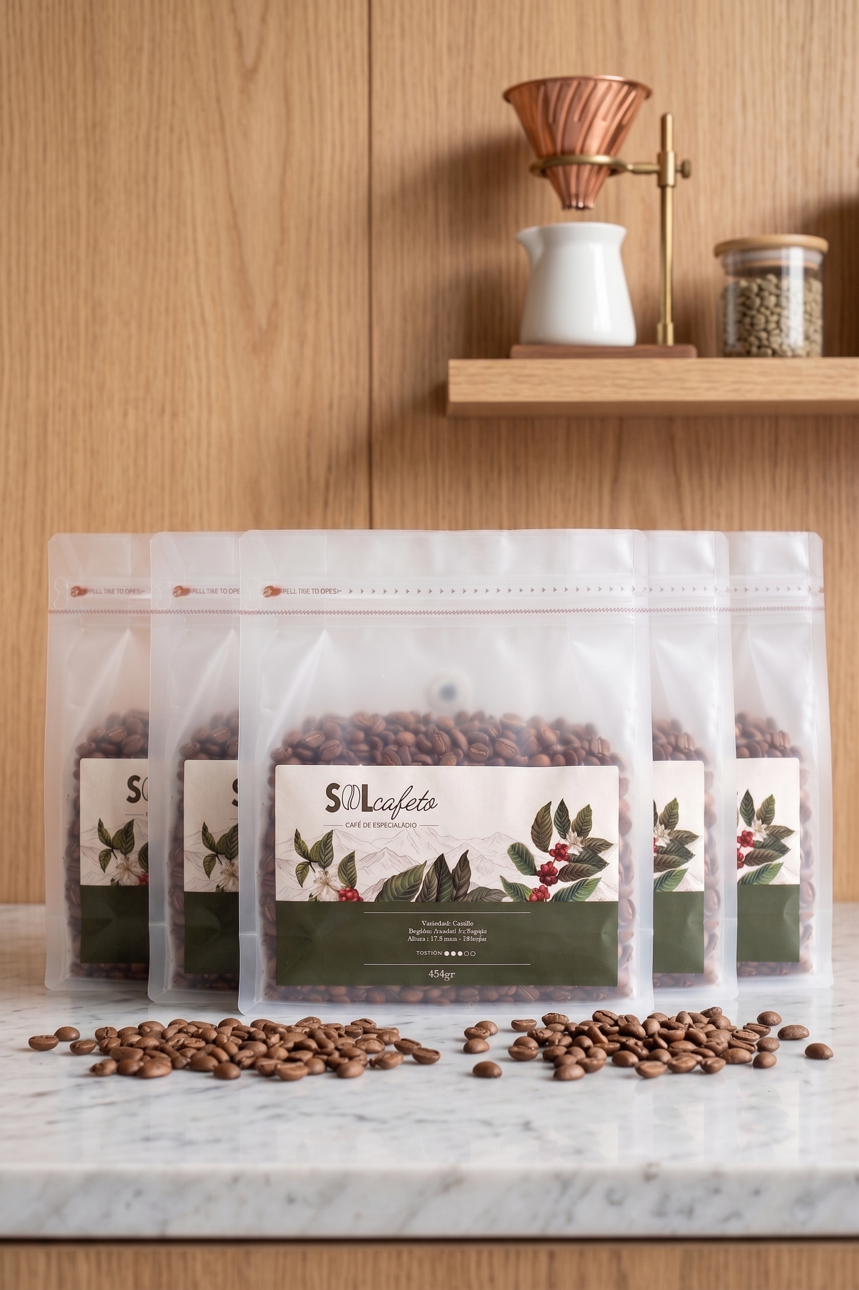 Fila de bolsas SOLCAFETO de 454 gr — combo de cinco unidades