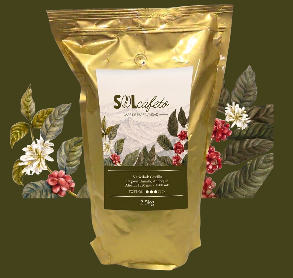 Bolsa dorada SOLCAFETO de 2,5 kg — formato institucional